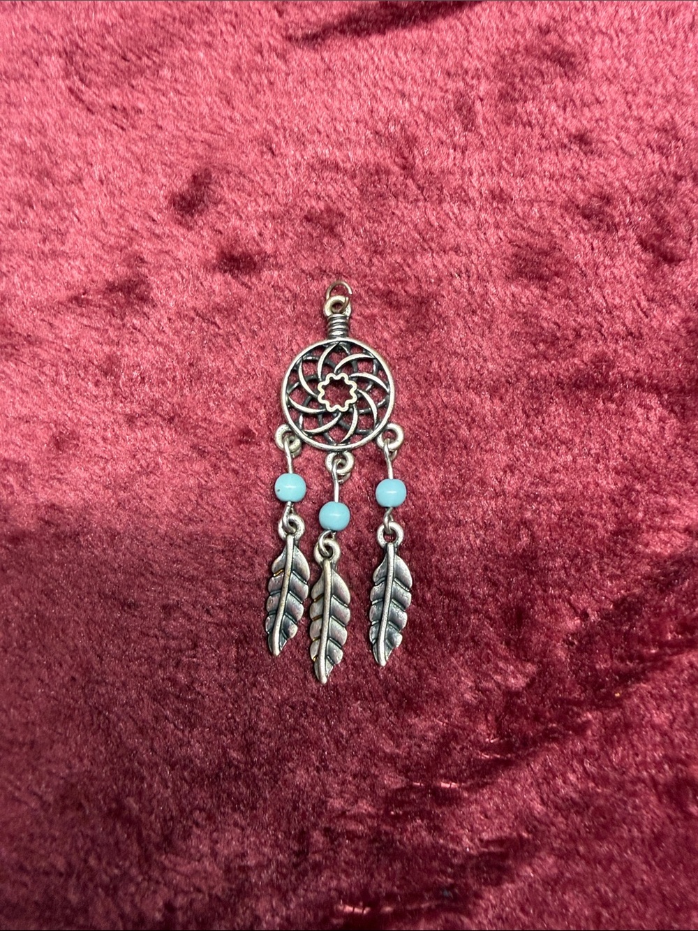Silver Dreamcatcher Pendant Necklace with Light Blue Beads - Women Jewelry